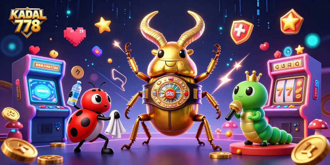 KADAL 778 showcases a vibrant casino scene featuring a boxing stag beetle, ladybug corner-man, and caterpillar announcer with arcade game elements.
