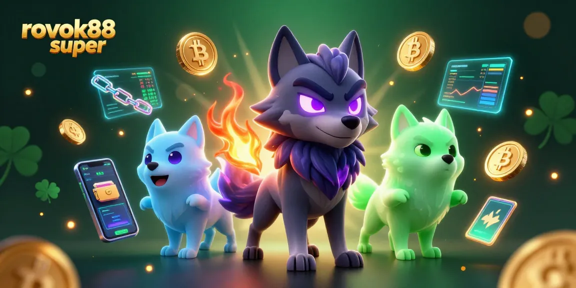 Engage with the action of rokok88 super through dynamic cryptocurrency and wolf-themed casino illustration.