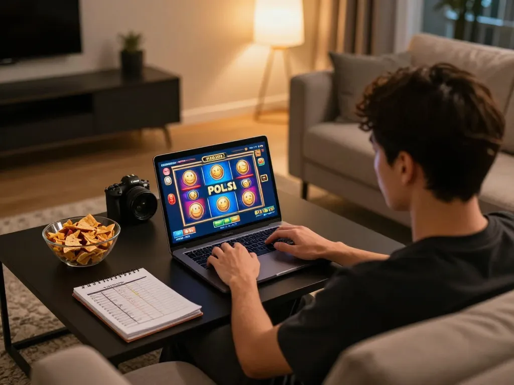 Engaging in a slot pulsa online gaming session while focused on strategy notes.