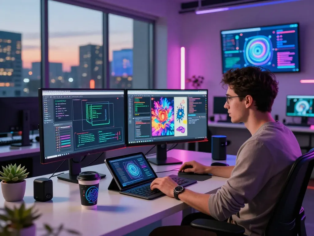 Innovative NSFW AI workspace with engineer analyzing images on dual monitors and vibrant city view.
