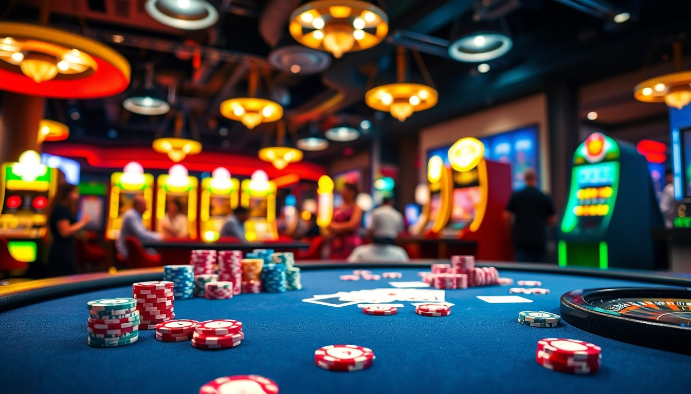 Permainan kasino ondel4d dengan meja penuh chip berwarna dan kartu, menciptakan suasana meriah.