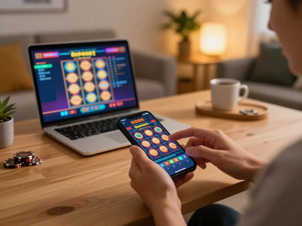 Engaging in mobile gaming with slot deposit 1000 options at a cozy home setting.
