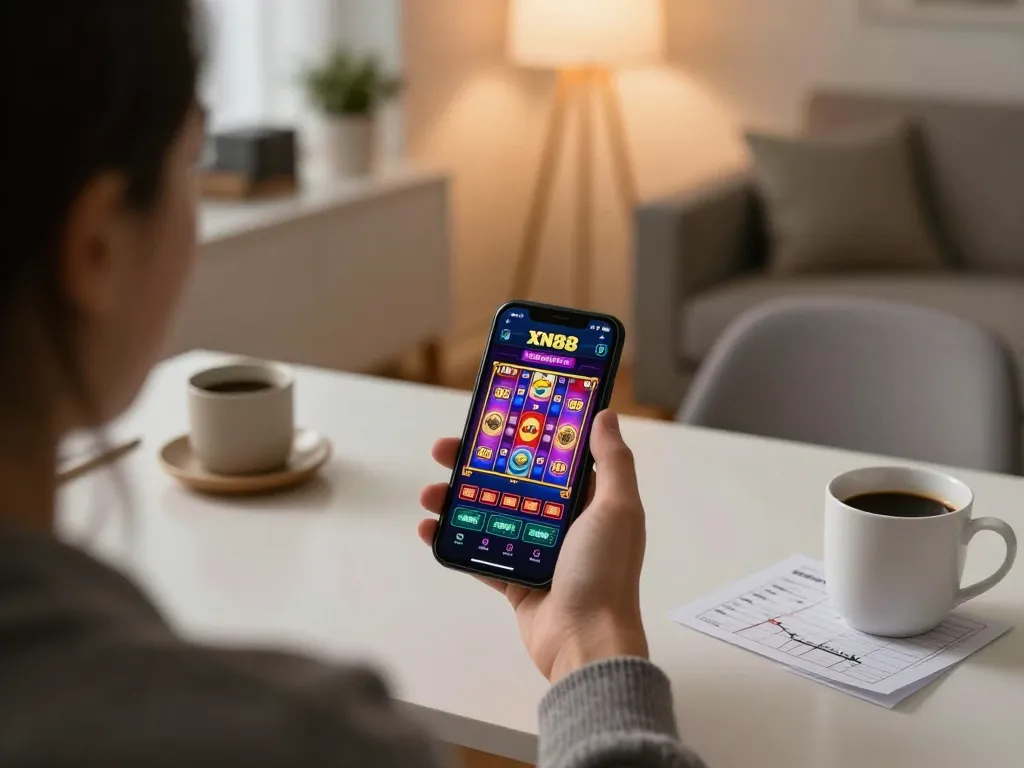 Player enjoying XN88 app on smartphone, engaged in exciting slot game at home.