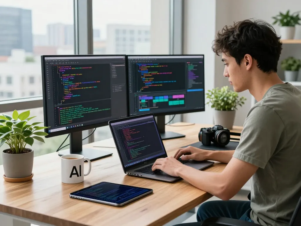 Software engineer coding on AI projects in a modern workspace with openclawd technology.