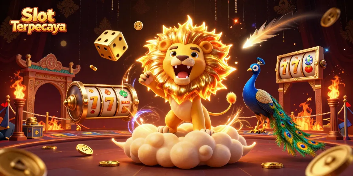 Experience the thrill of Slot Terpercaya with a majestic lion and golden dice in a dynamic 3D scene.