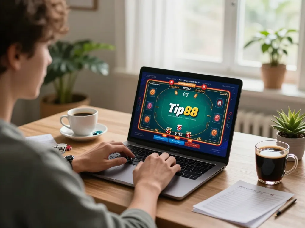 Tip88 players engaging in exciting online poker gameplay at home, showcasing strategy notes and a cozy environment.