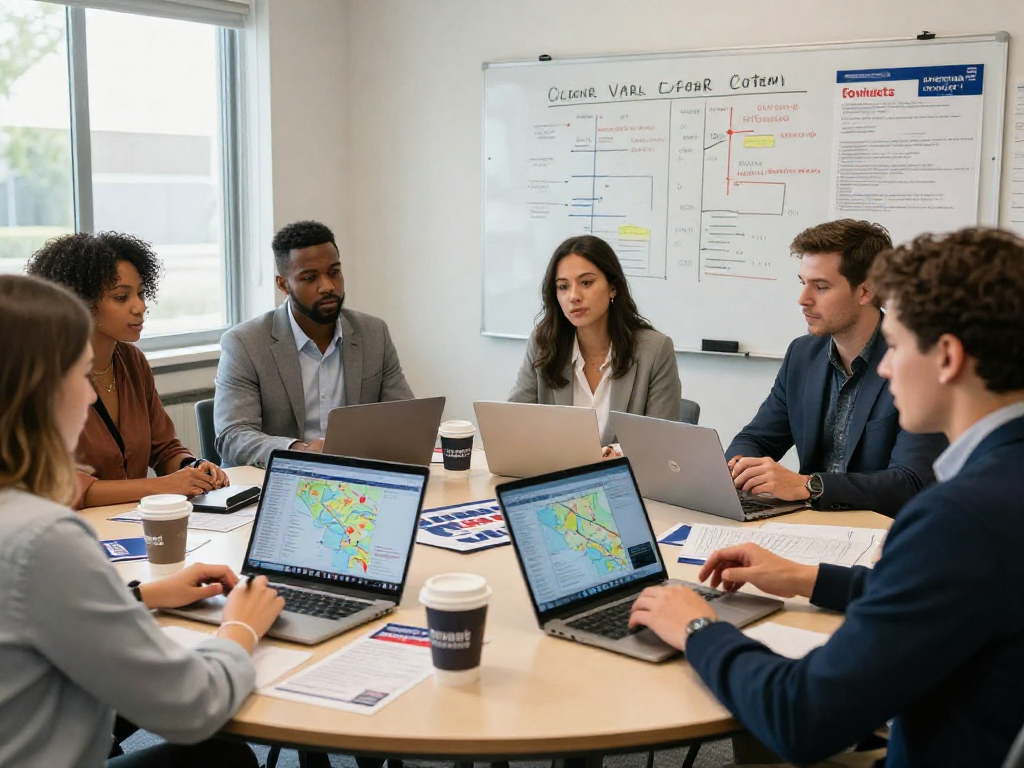 Understanding how much does political direct mail cost with campaign strategists analyzing voter data in a collaborative setting.