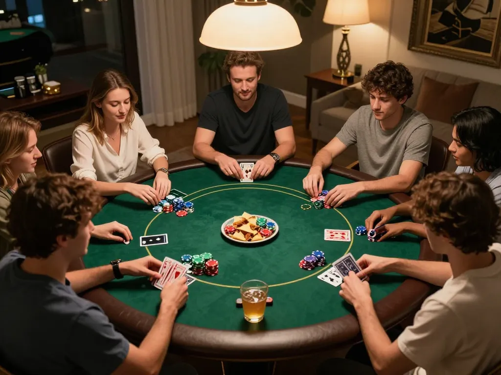 iWin players enjoying a vibrant home poker night, showcasing chips and excitement.