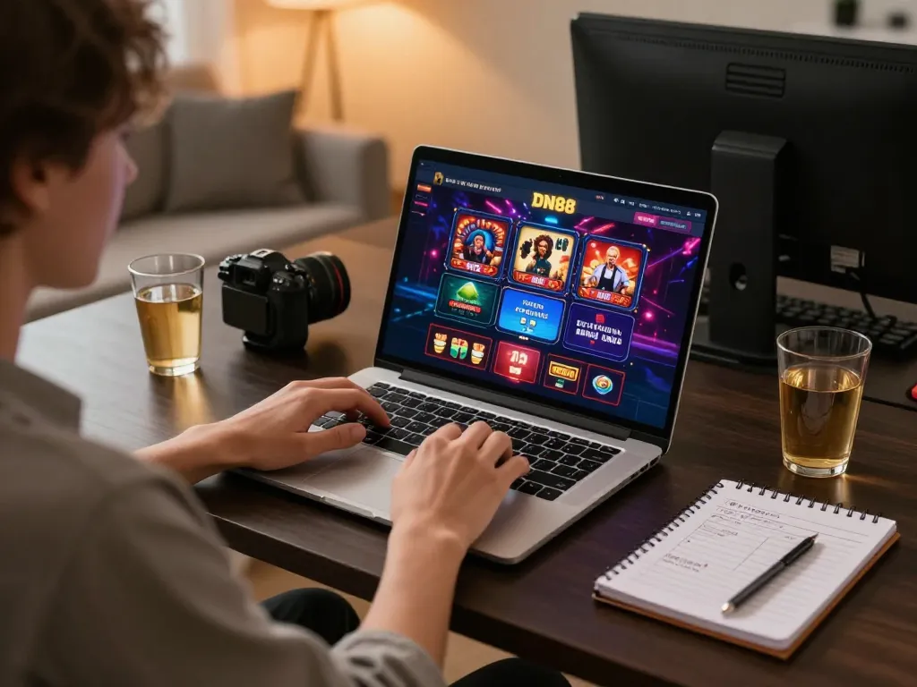 Engaging gameplay on DN88 platform displayed on laptop during casual home gaming session.