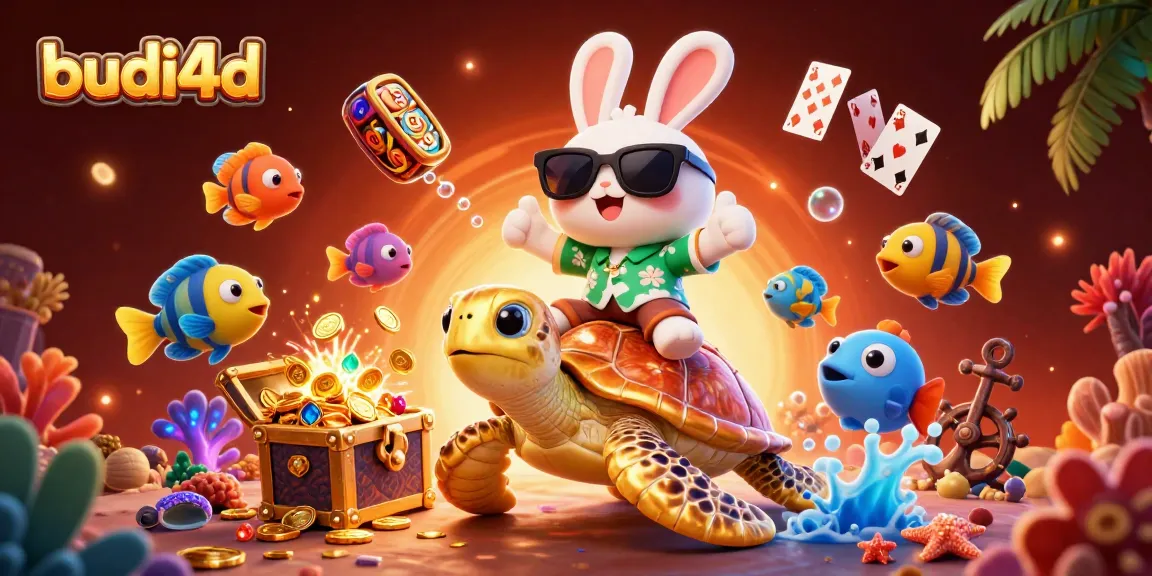 Budi4d brings thrilling casino fun to life; lucky rabbit rides a golden turtle around game elements.