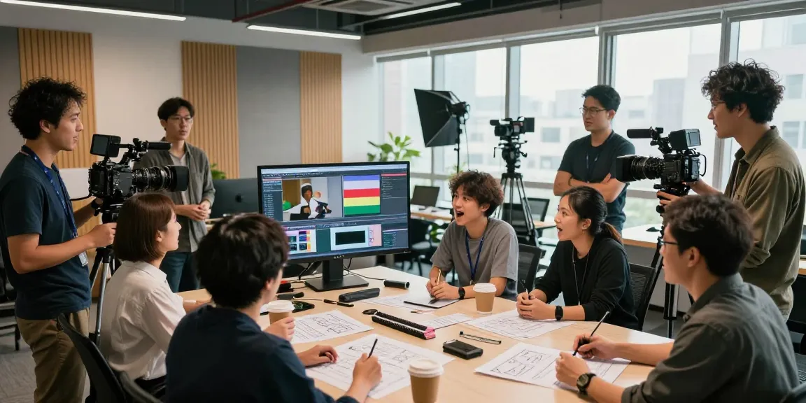 Team collaboration in creative corporate video production studio showcasing Creative Corporate & Commercial Video Production Sg.