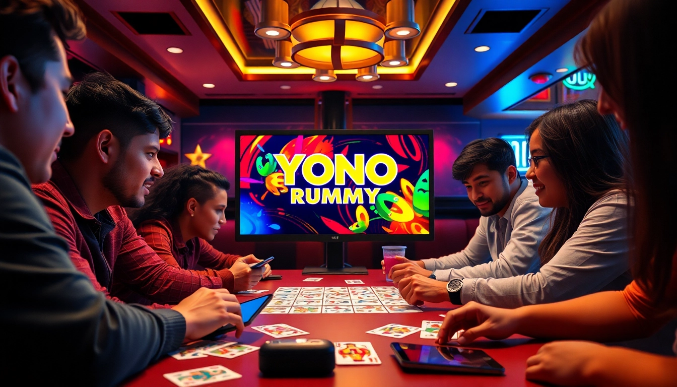 Engaged players enjoying a yono rummy game in a vibrant cafe atmosphere.