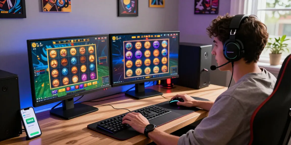 Player engaging in lively slot deposit dana gameplay at a vibrant home office setup.