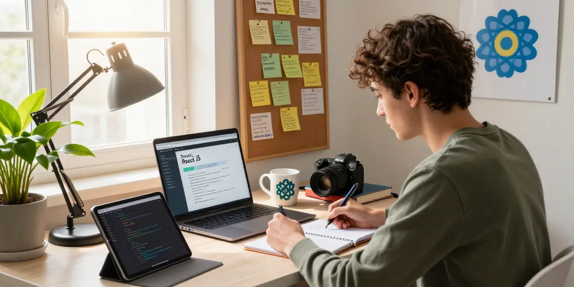 Learn React JS from scratch in a cozy home office setting with a focused learner using a laptop and taking notes.
