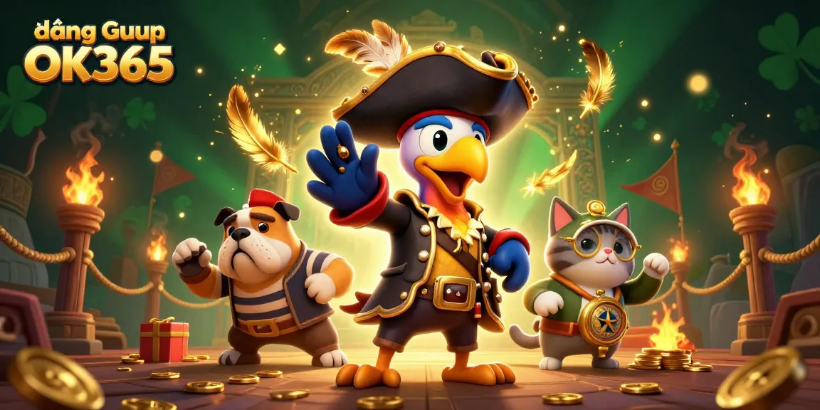 Win at đăng nhập OK365 with a vibrant 3D scene of pirate characters and dynamic casino elements.