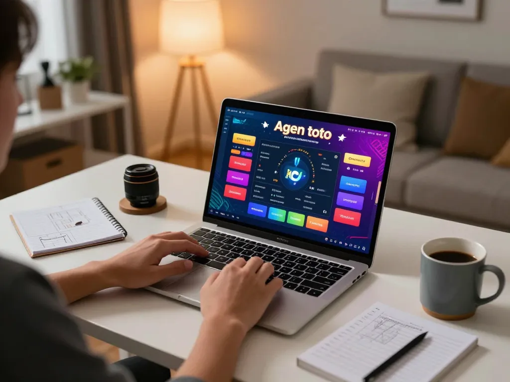 Engaging in agen toto online betting with live game display on laptop in cozy home office setting
