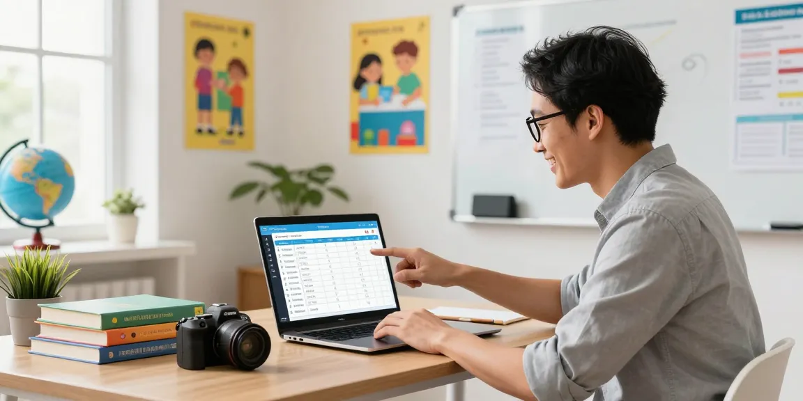 Teacher using an online lesson planner, EMStudio, for classroom management in a bright classroom setting.