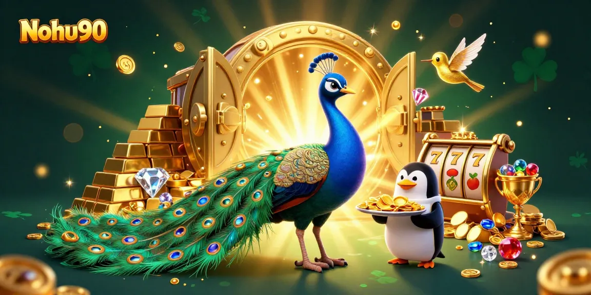 Experience the excitement of Nohu90 with engaging slot reels and dynamic characters in a vibrant casino scene.