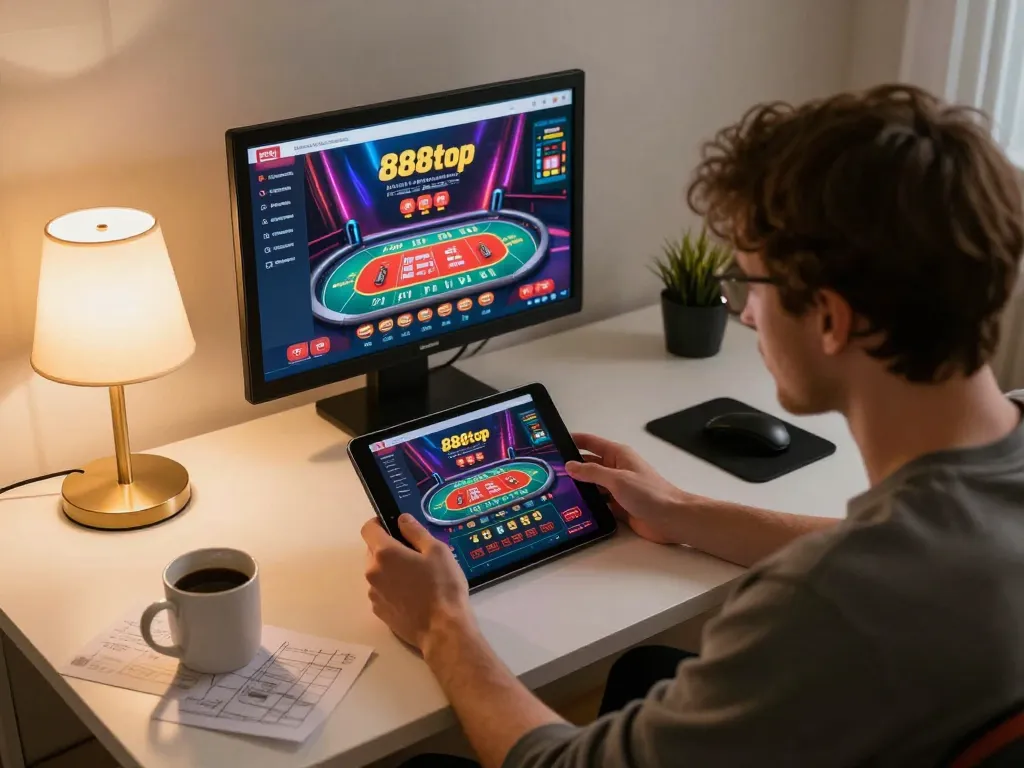 Engaged player explores winning strategies on the 888top casino app, showcasing interactive gaming.