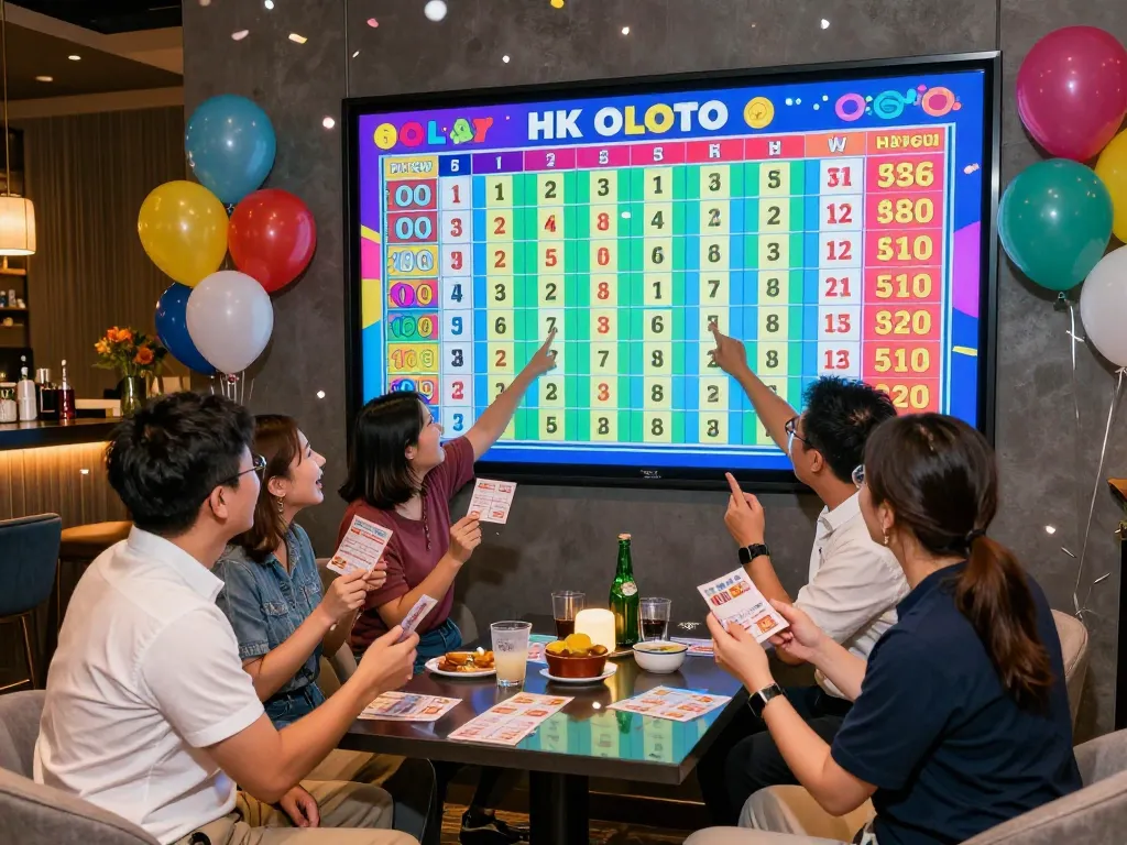 Players celebrating and engaging with HK Lotto results in a cozy lounge environment, capturing excitement and community around lottery draws.