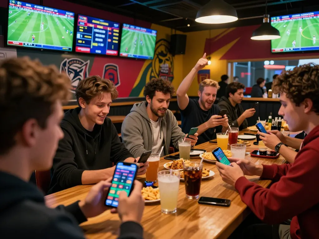 Bongdalu user's sports betting excitement at a lively bar while analyzing odds on smartphone.