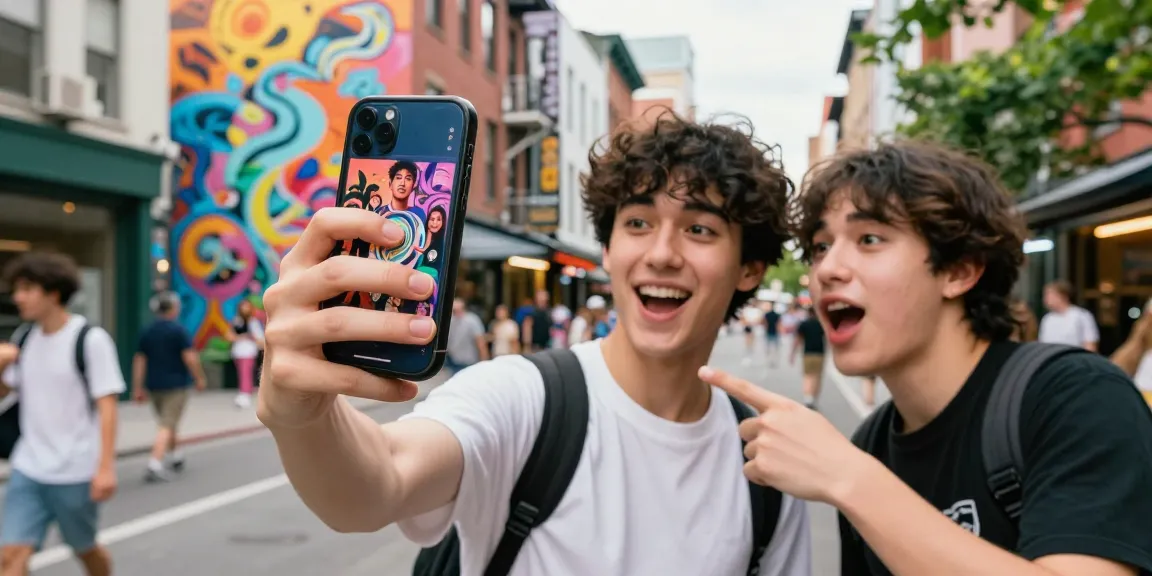 Young person celebrating their celebrity look alike discovery in a vibrant urban setting.
