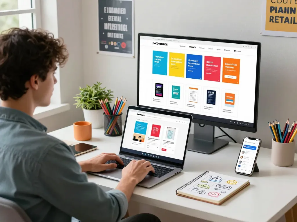 Exploring PLR Digital Products for Sale in a modern home office setup with colorful eBook mockups and motivational decor.