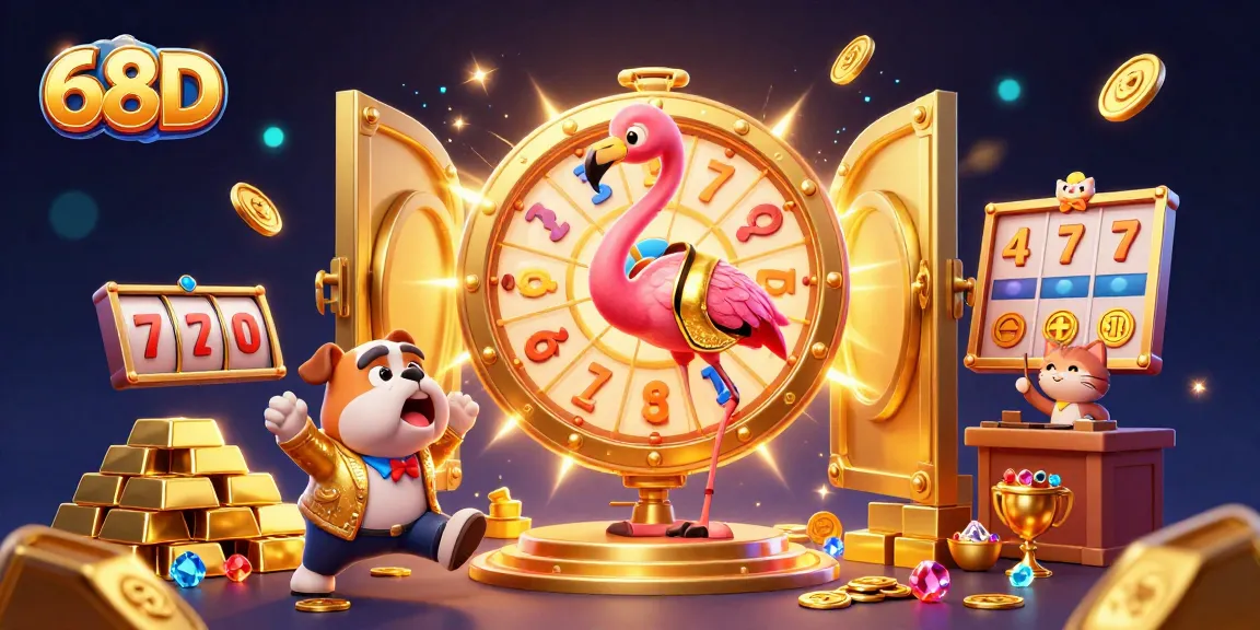 Exciting 68D casino scene with a charismatic host, bulldog contestant, and flashy prizes while spinning a prize wheel.