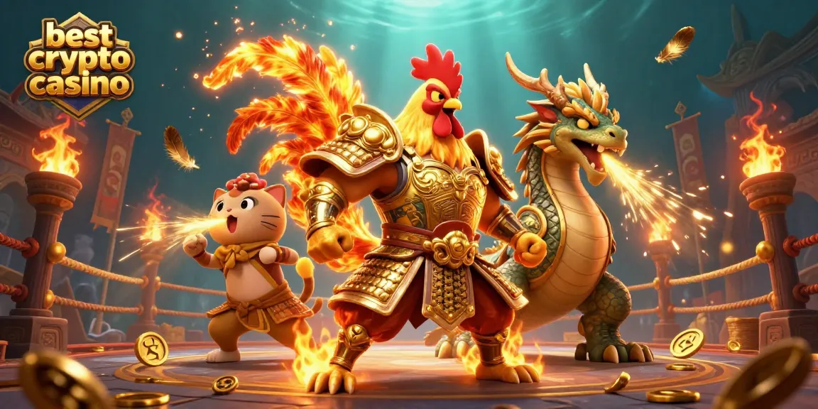 Gioca nei migliori crypto casino con questa illustrazione che mostra un guerriero e un drago, circondati da oro e emozione.