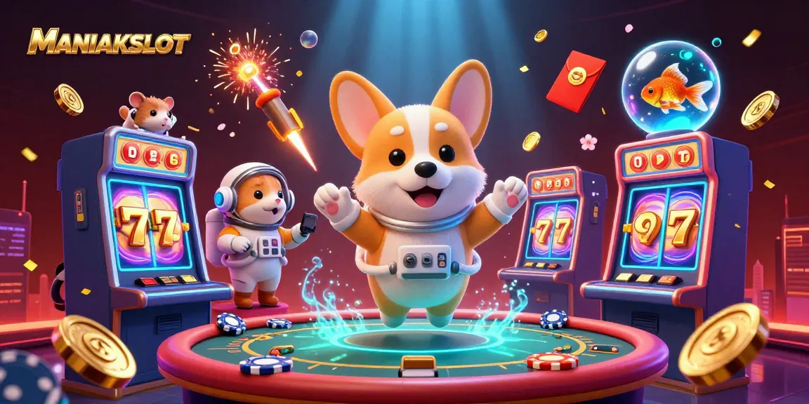Experience the thrill of MANIAKSLOT as a corgi roulette master floats through a vibrant casino!