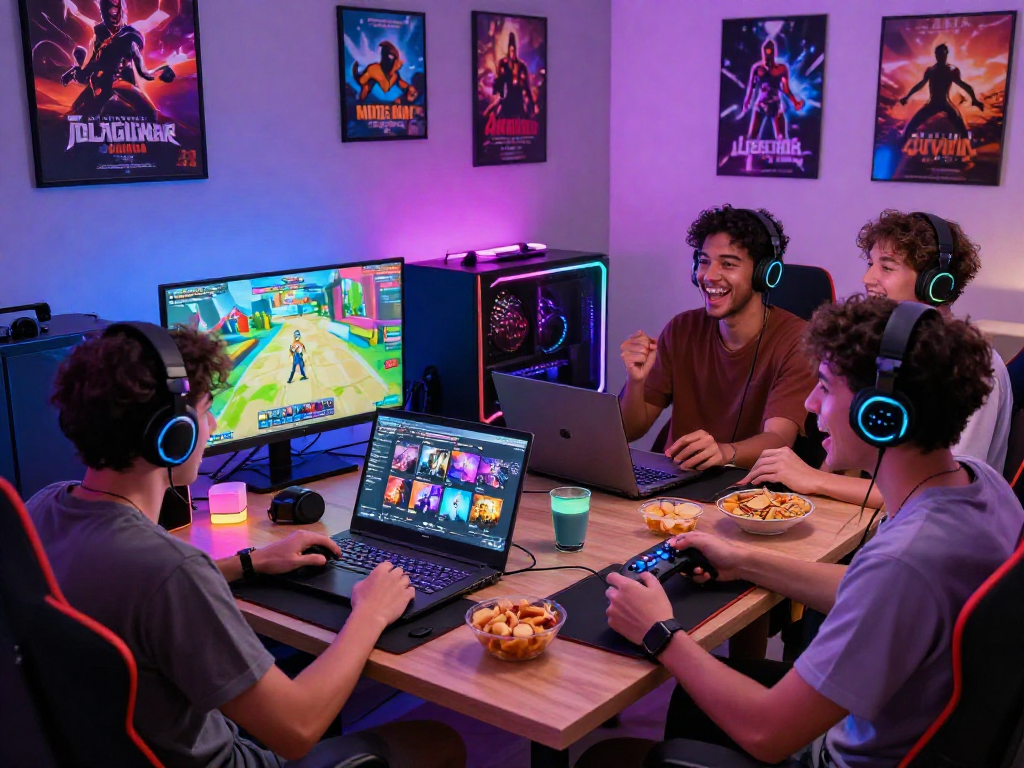 Diverse gamers enjoying a porngame together in a lively, modern gaming setup.