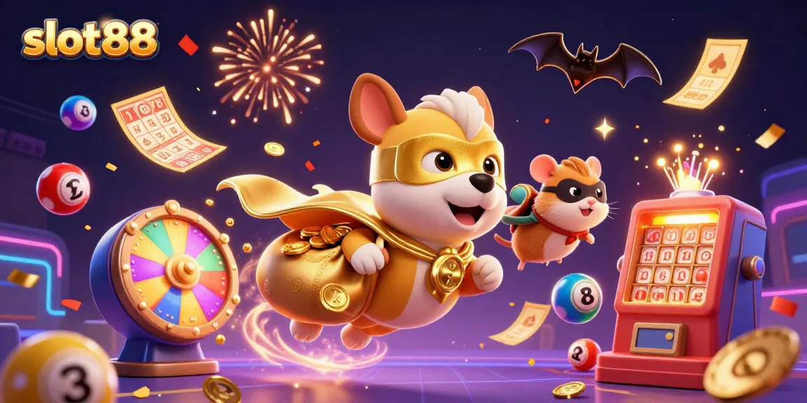 Experience the excitement of slot88 with a superhero dog flying over colorful lottery elements, symbolizing thrilling gameplay.