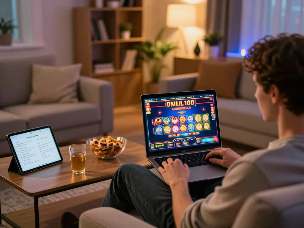 Engaging gameplay on lucky88i displayed on laptop in cozy home setting