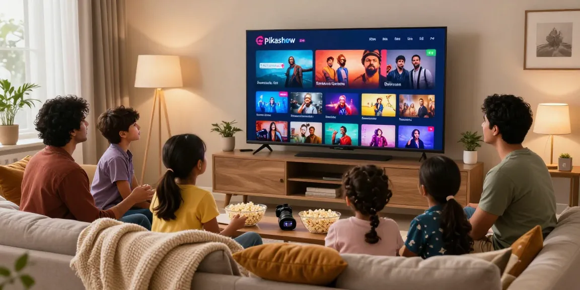 Pikashow entertainment experience with a family watching a movie together, showcasing streaming options in a cozy living room.