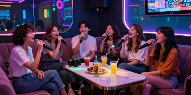 달토에서 친구들과 함께 즐기는 가라오케의 활기찬 모습을 담은 이미지