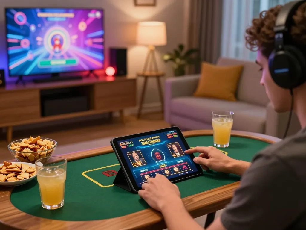 Engaging in online gambling at home using sites not on gamstop on tablet, cozy atmosphere with snacks