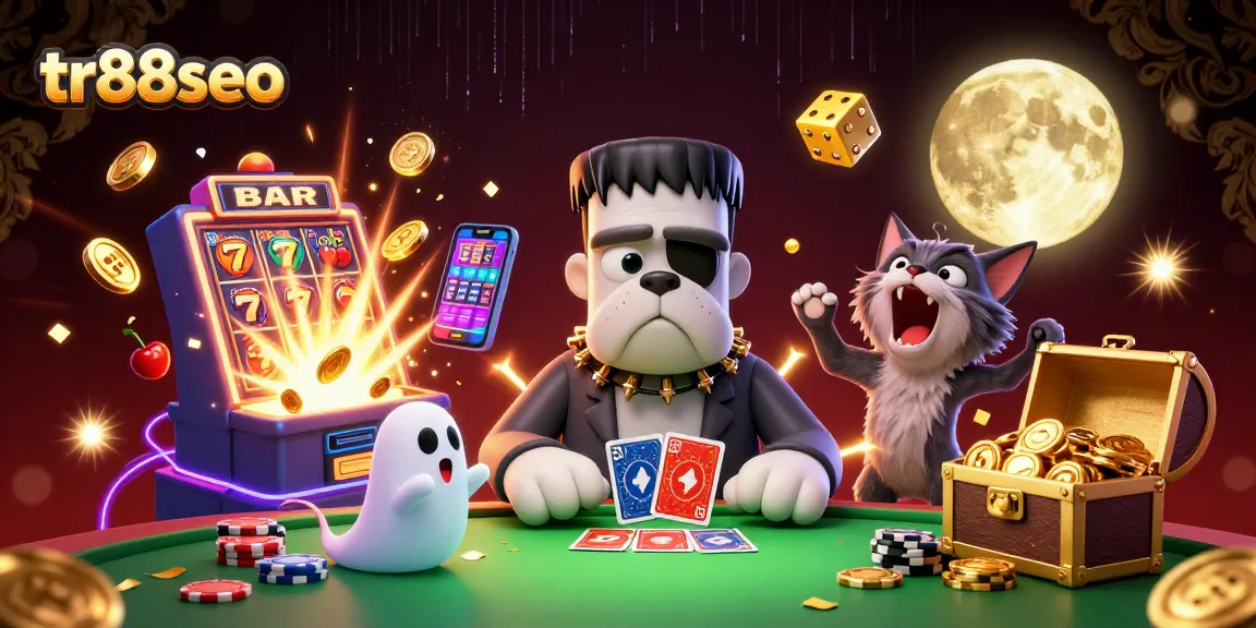 Experience thrilling gameplay at tr88seo with a dynamic 3D illustration featuring casino action and colorful game elements.