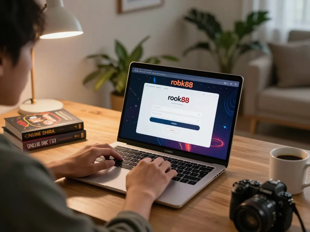 Engaging in online play with rokok88 link login on a sleek laptop in a cozy home setting.