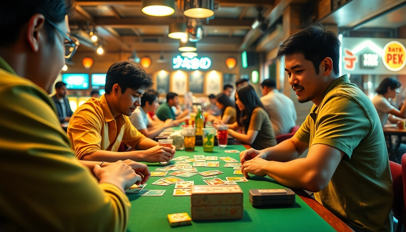 Players enjoying yono rummy at a lively game cafe, showcasing excitement and strategy.