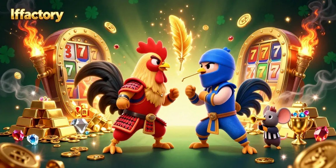 lffactory's vibrant fighting rooster clash amidst golden slot game excitement and treasure