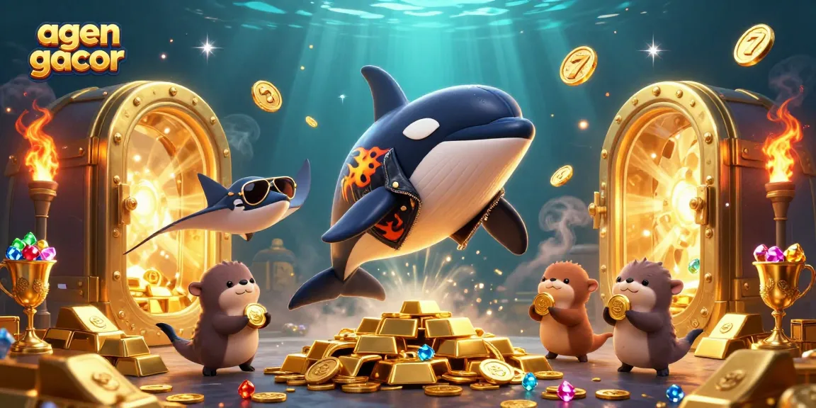 Sparkling casino adventure featuring agen gacor characters in a vibrant underwater scene with golden treasures