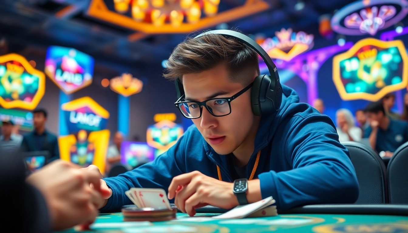 Engaged player showcasing skills in yono rummy, surrounded by dynamic gaming elements.
