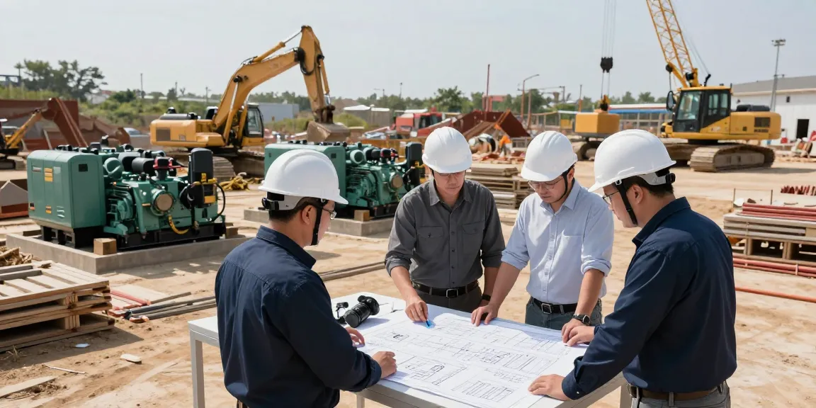 Diesel genset powering construction site with engineers discussing plans