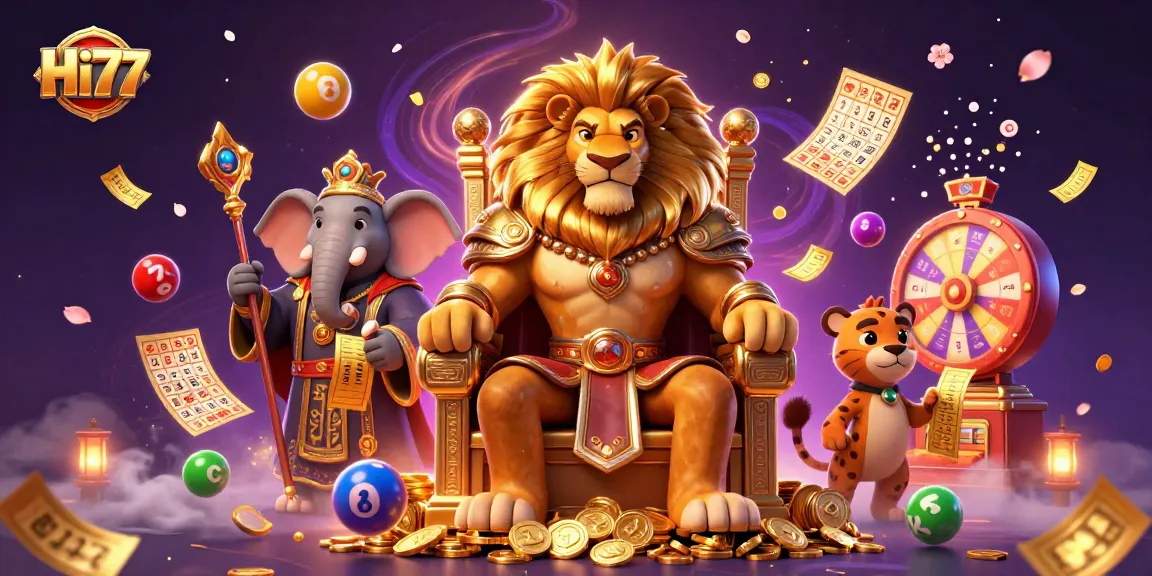 Experience exhilarating gameplay with Hi77's dynamic casino scene featuring a lion king and vibrant elements.
