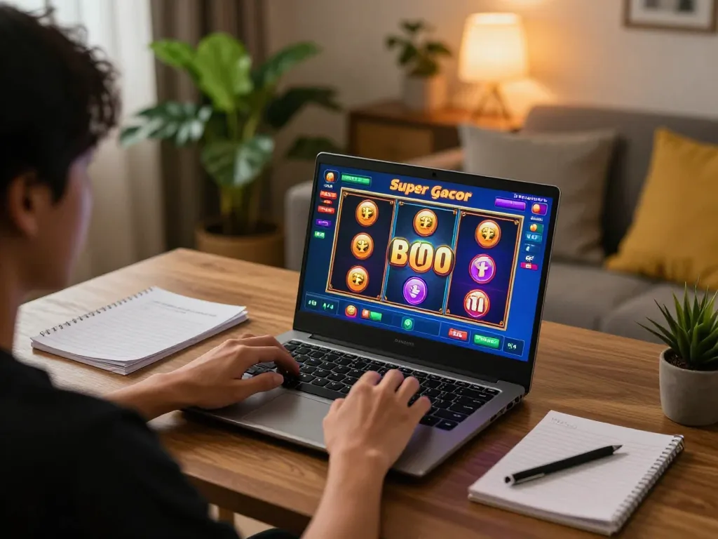 Sesi permainan yang menarik di slot server thailand super gacor ditampilkan di layar laptop di rumah yang nyaman