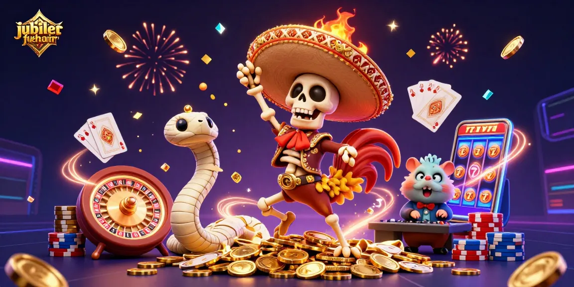Engage with jubileefuehair where vibrant 3D characters celebrate casinos amidst cascading coins and symbols.
