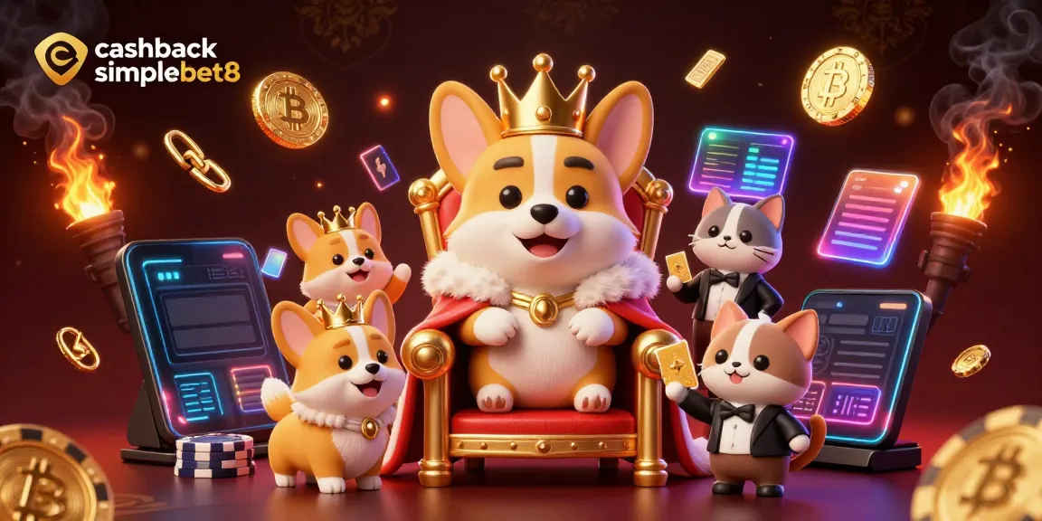 Experience the fun of cashback simplebet8 with an enchanting gaming illustration featuring royal corgis and crypto elements.