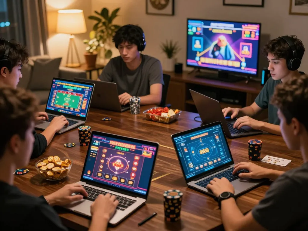 Engaging online gaming scene with sky88c players using laptops for a casino experience, vibrant gameplay visible.