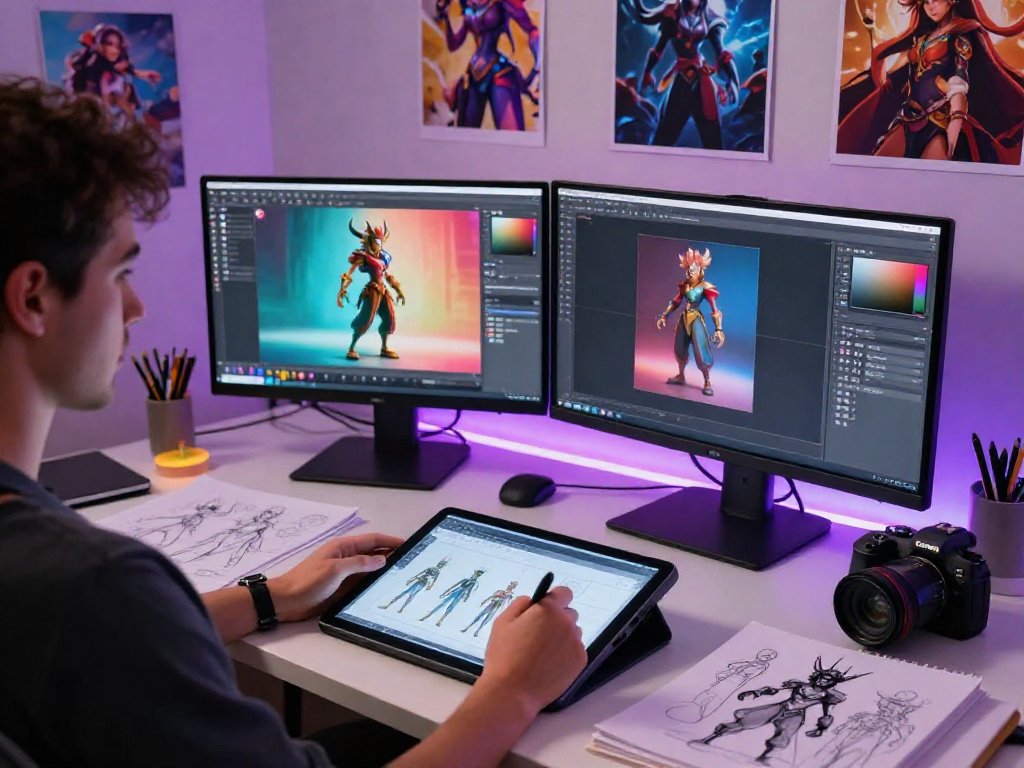 Creating character AI NSFW art in a vibrant digital workspace.
