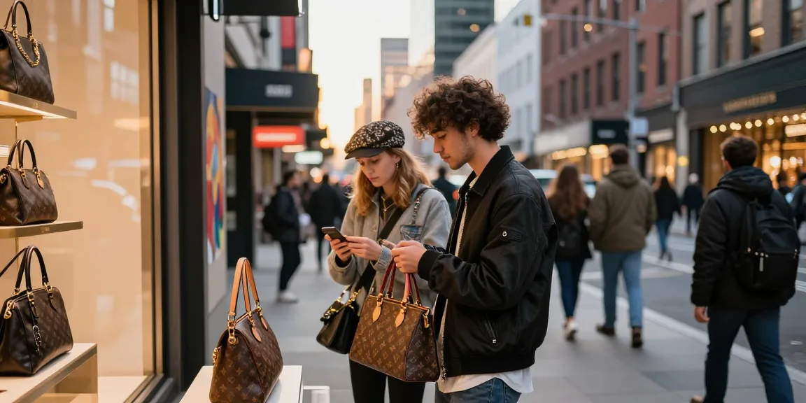 Shoppers exploring high-quality 레플리카 handbags in an urban boutique setting.